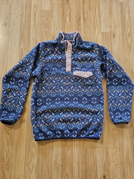Patagonia Other - Patagonia Blue Patterned Snap-T Fleece Pullover W/ Pink Accents Size XL (Girls)